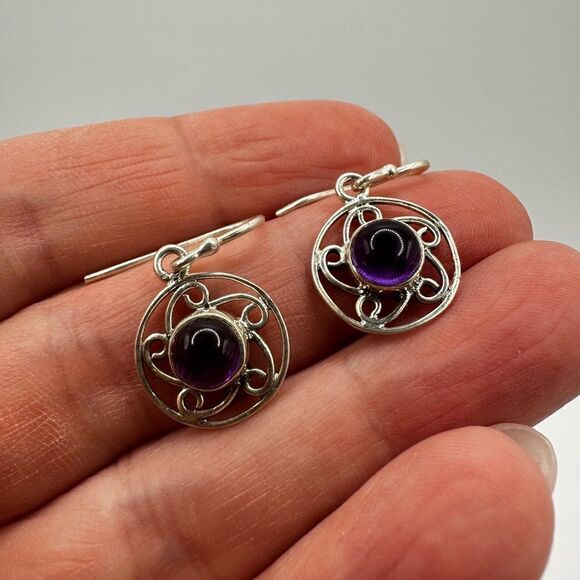 5mm amethyst cabochon dangle earrings in stamped sterling silver! - Picture 2 of 15